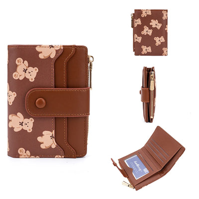 Bear Print Wallet with Card Slots and Zipper Closure