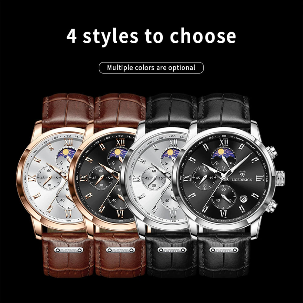 Men Leather Strap Watch Moon Phase Chronograph