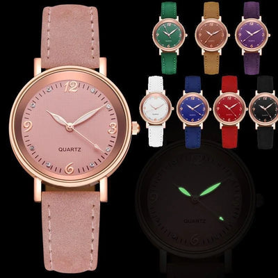 Women Leather Band Quartz Watch with Crystal Markers