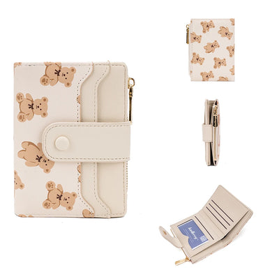 Bear Print Wallet with Card Slots and Zipper Closure - White