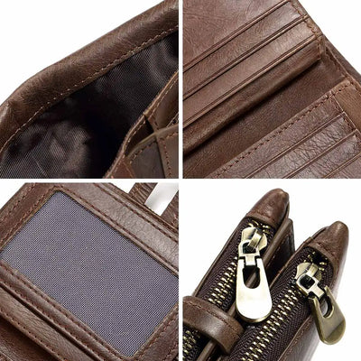 Retro Leather Wallet With Dual Zippers And Coin Pocket