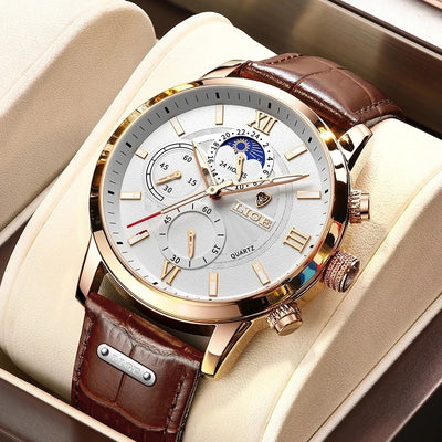 Elegant Moon Phase Chronograph Watch with Leather Strap
