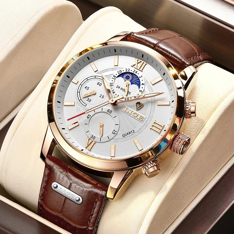 Elegant Moon Phase Chronograph Watch with Leather Strap