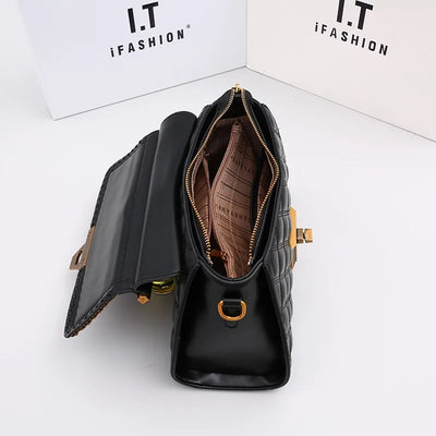 Handbag Diamond Grid Satchel With Gold Chain Detail - WO2MEN