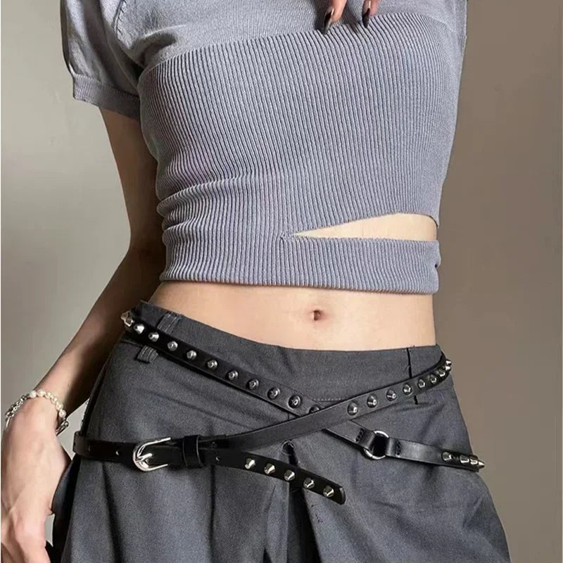 Adjustable Studded Belt with Double Strap And Loop