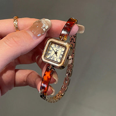 Vintage Square Dial Quartz Watch with Amber Bracelet