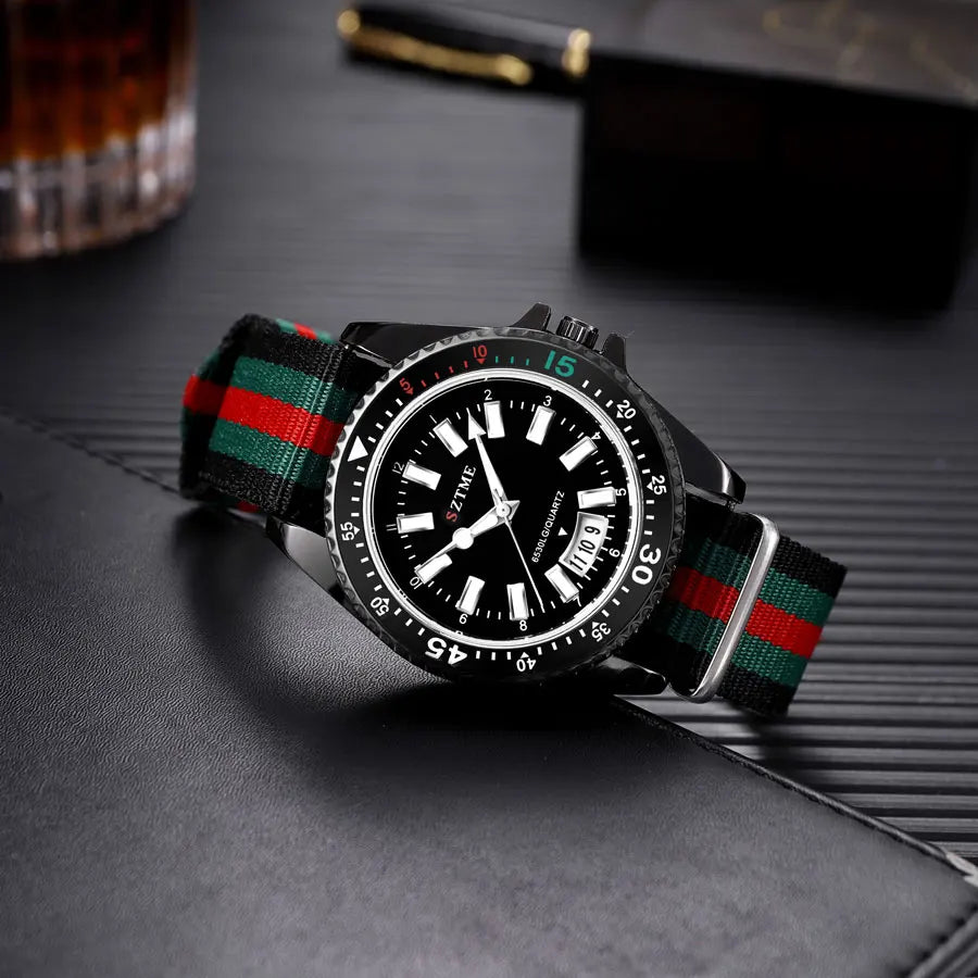 Calendar Watch With Striped Strap And Classic Case
