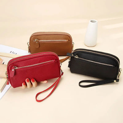 Genuine Leather Wallet with Double Zip Wristlet
