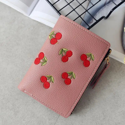 Cherry Embroidered Slim Wallet with Zip and Card Slots - WO2MEN