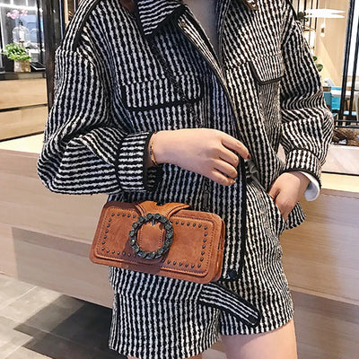 Timeless Rhinestone Ring Buckle Satchel with Studs
