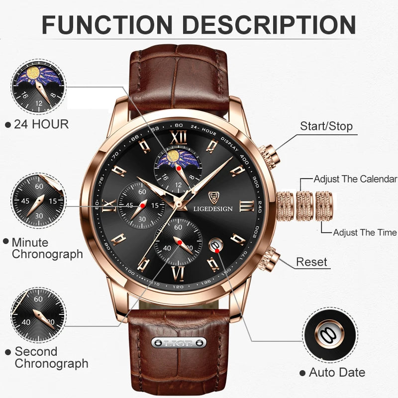 Men Leather Strap Watch Moon Phase Chronograph