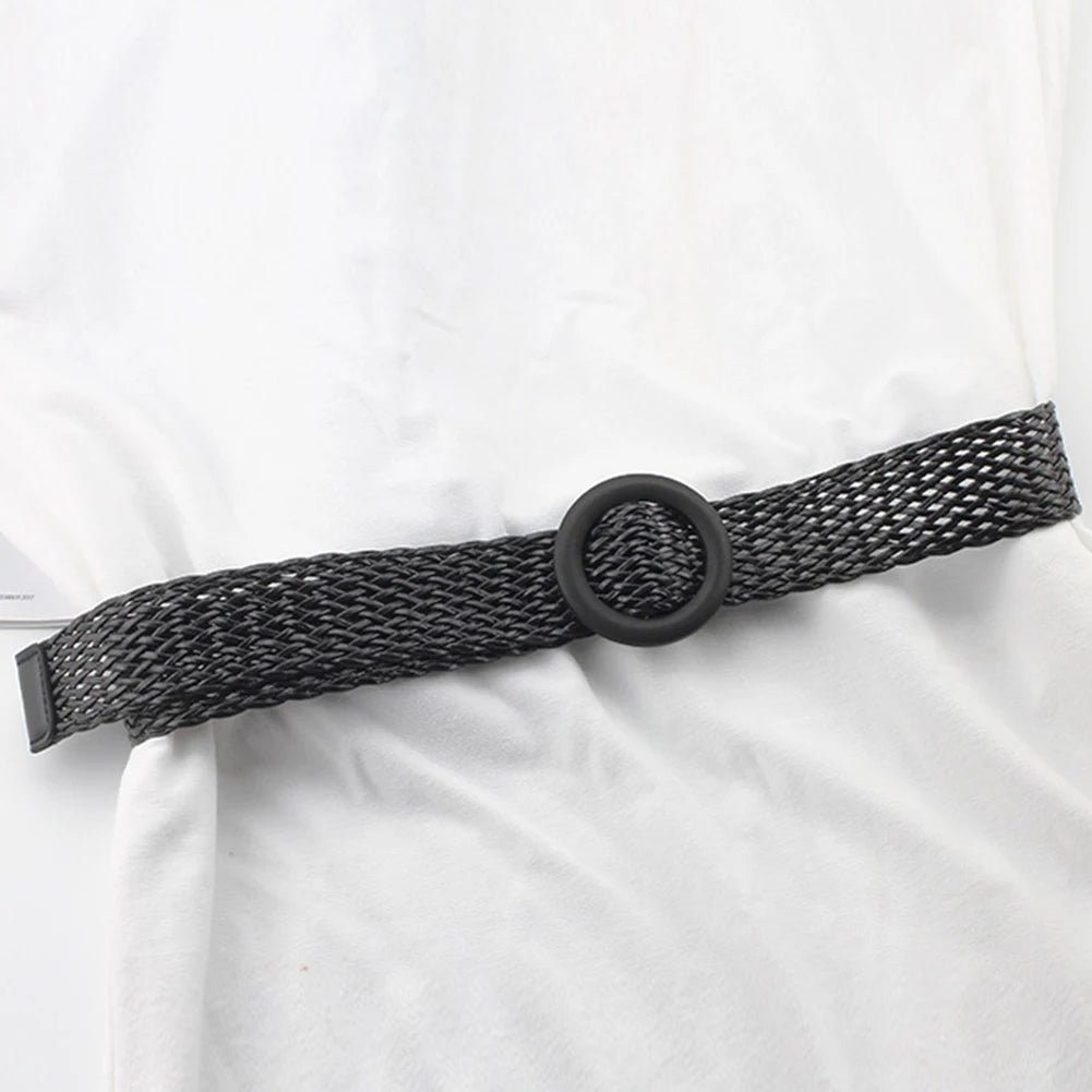 Elastic Braided Belt with Round Wooden Buckle