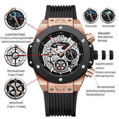 Skeleton Chronograph Quartz Wristwatch Water Resistant