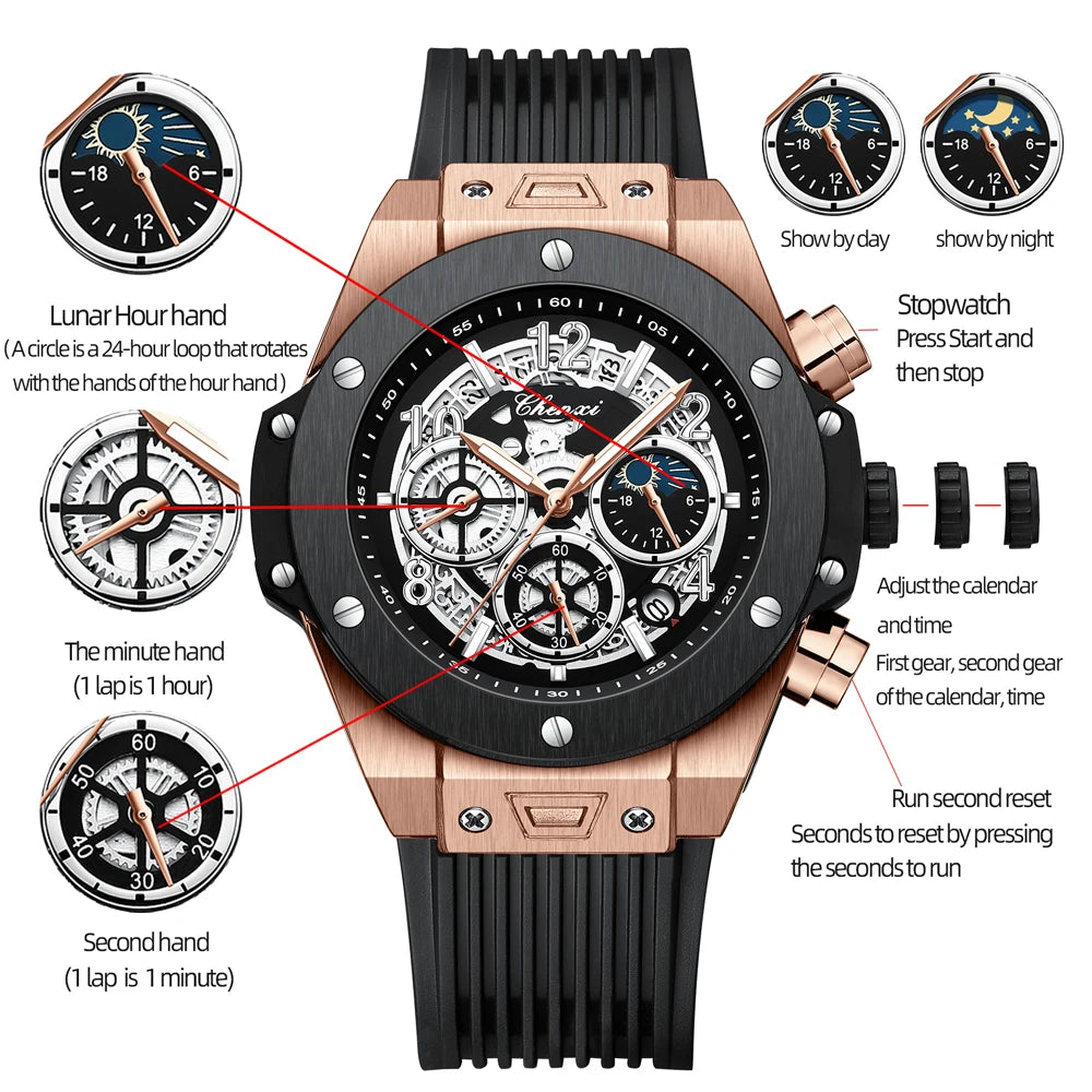 Skeleton Chronograph Quartz Wristwatch Water Resistant