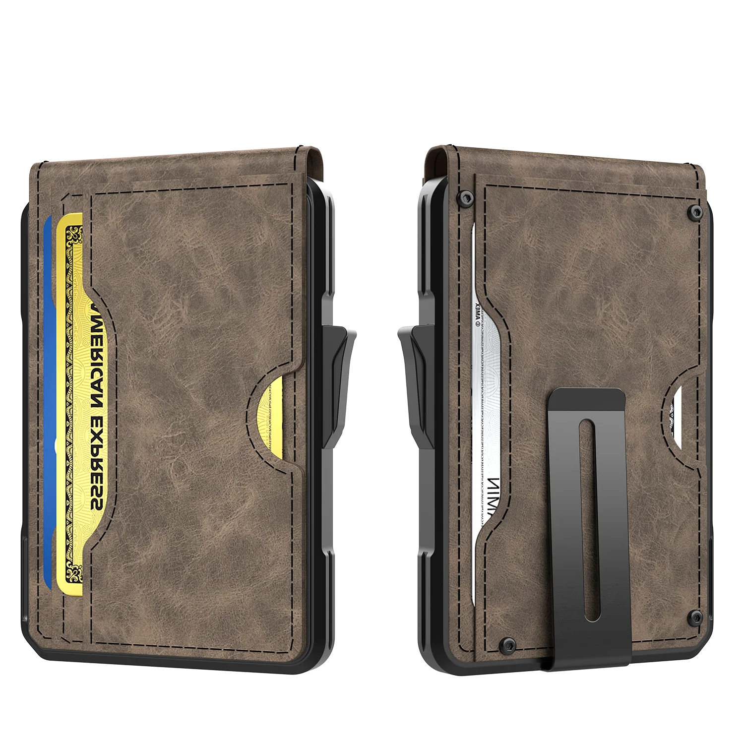Slim RFID Pop Up Card Wallet with Money Clip Front - Coffee