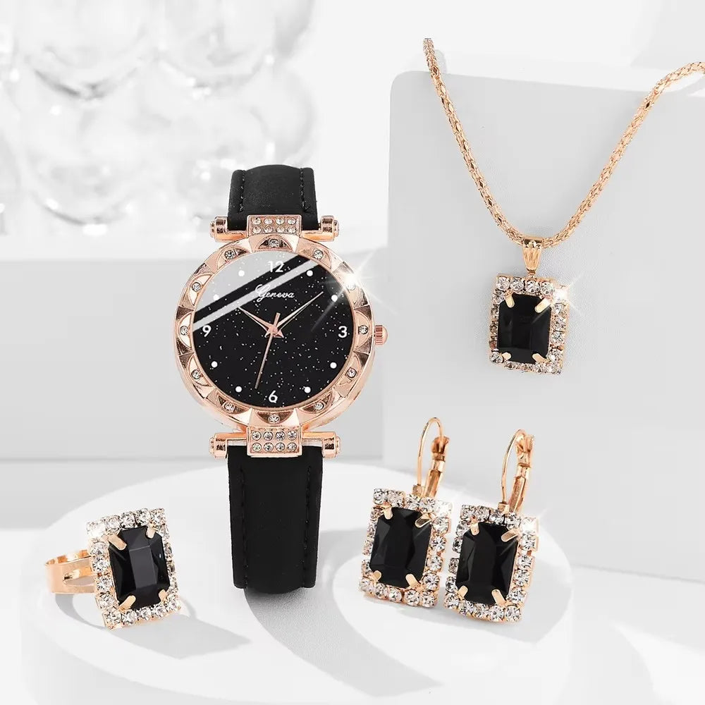 Wristwatch with Rhinestone Bezel Leather Strap