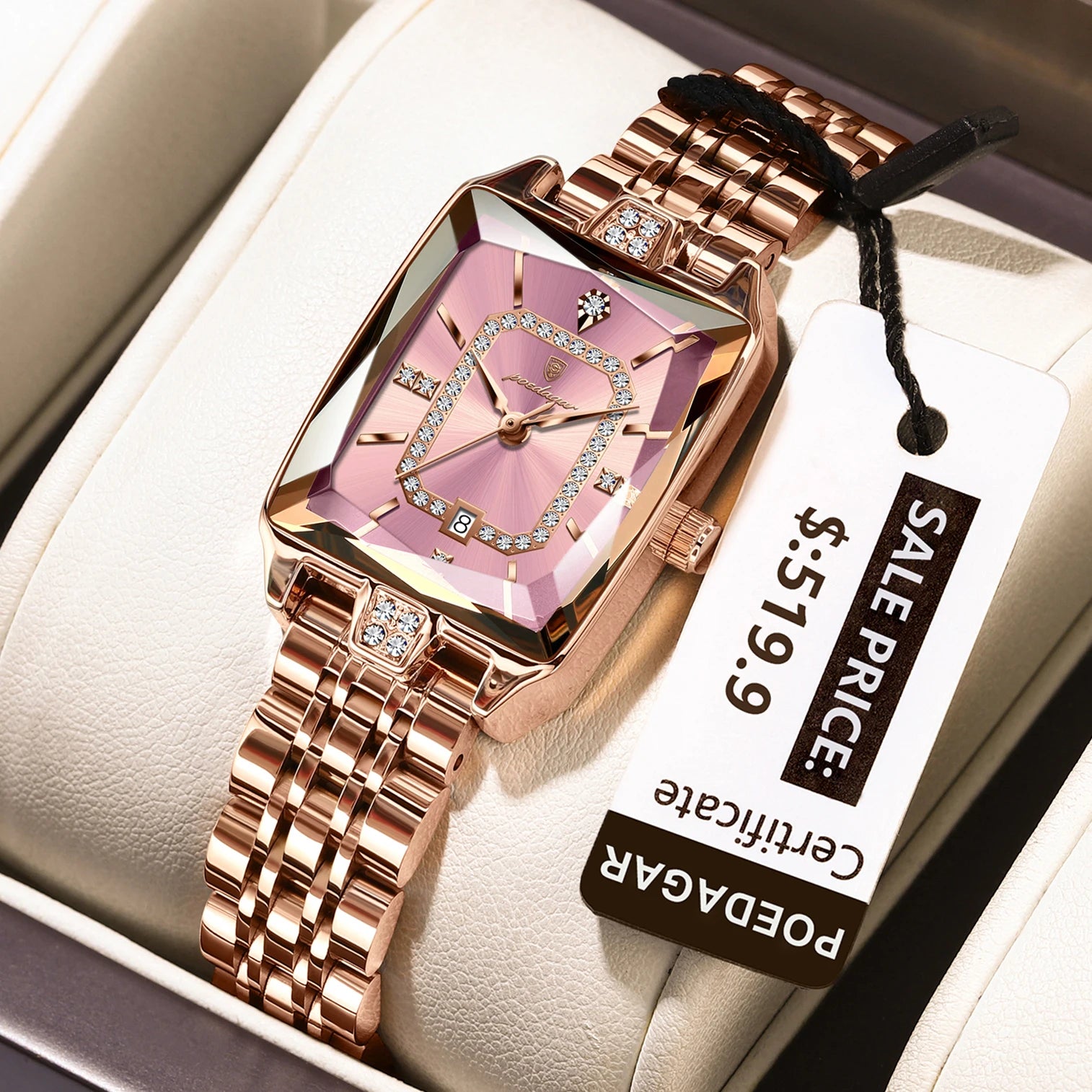 Square Dial Timepiece With Diamond Set Frame Crystal