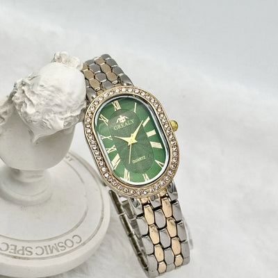 Oval Diamond Encrusted Watch with Roman Numeral Dial