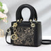 Embroidered Satchel With Gold Hardware Charm Detail - Black