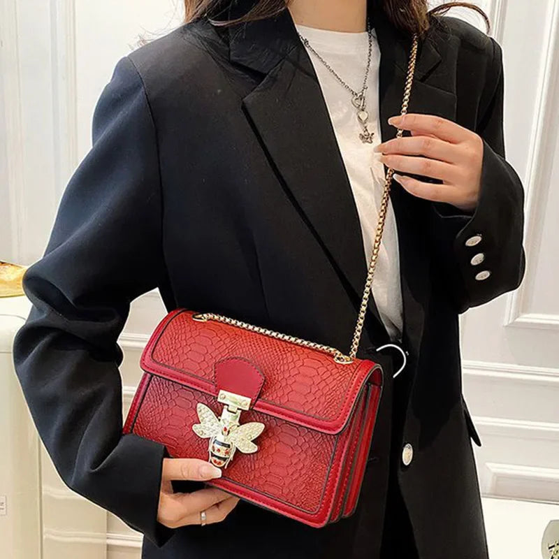 Crocodile Print Crossbody Bag Bee Lock Charm Chain