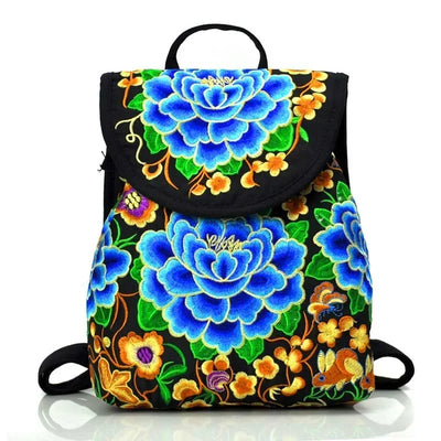 Floral Embroidery Backpack with Hasp Closure Front - Blue
