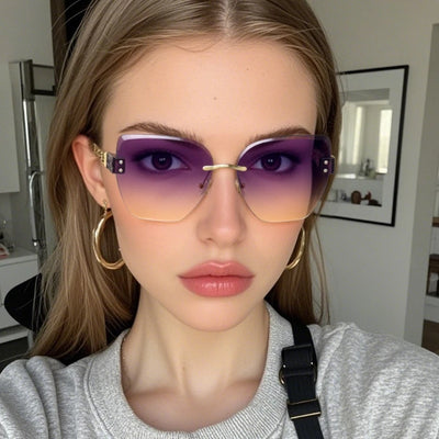 Cat Eye Sunglasses with Gradient Lenses and Gold Chain - WO2MEN