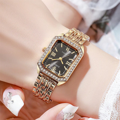 Diamond Bezel Gold Watch for Women Quartz Wristwatch - Gold Black