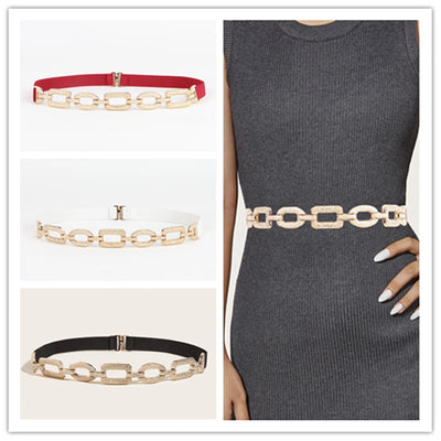 Floral Link Chain Belt with Elastic Strap Design