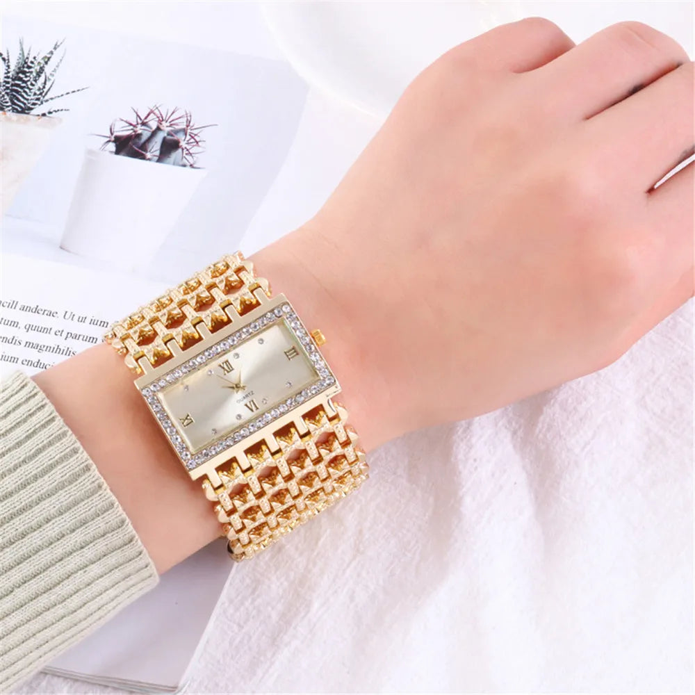 Rectangular Quartz Watch with Crystals And Bracelet
