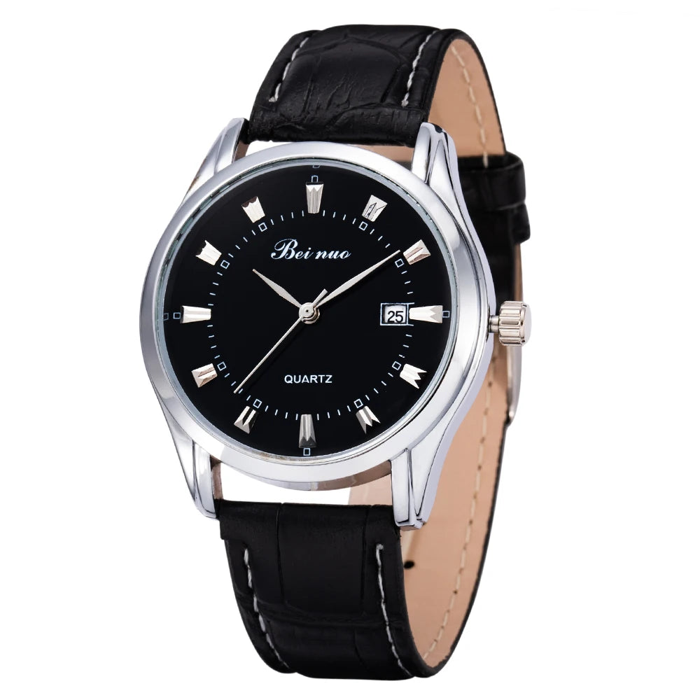 Quartz Wristwatch with Date Window Business Style - Black Silver