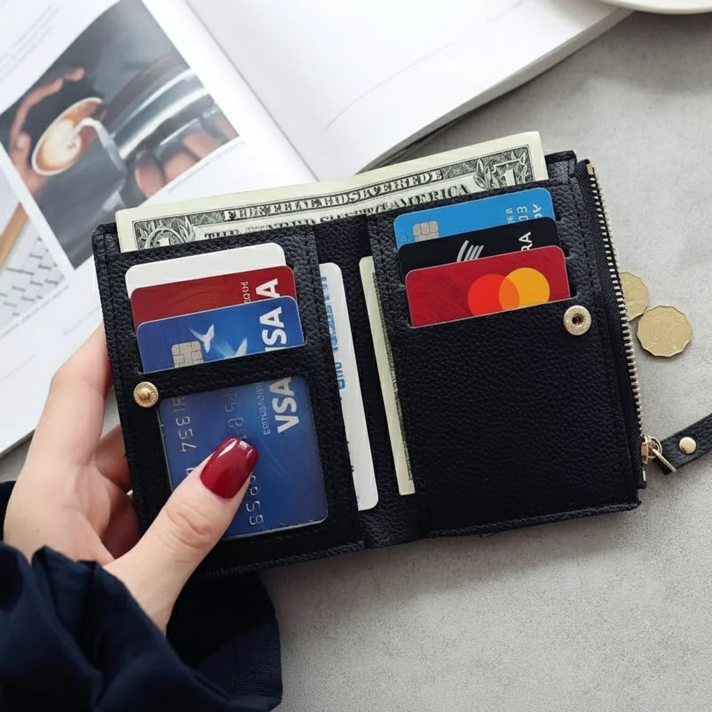 Cherry Embroidered Slim Wallet with Zip and Card Slots - WO2MEN