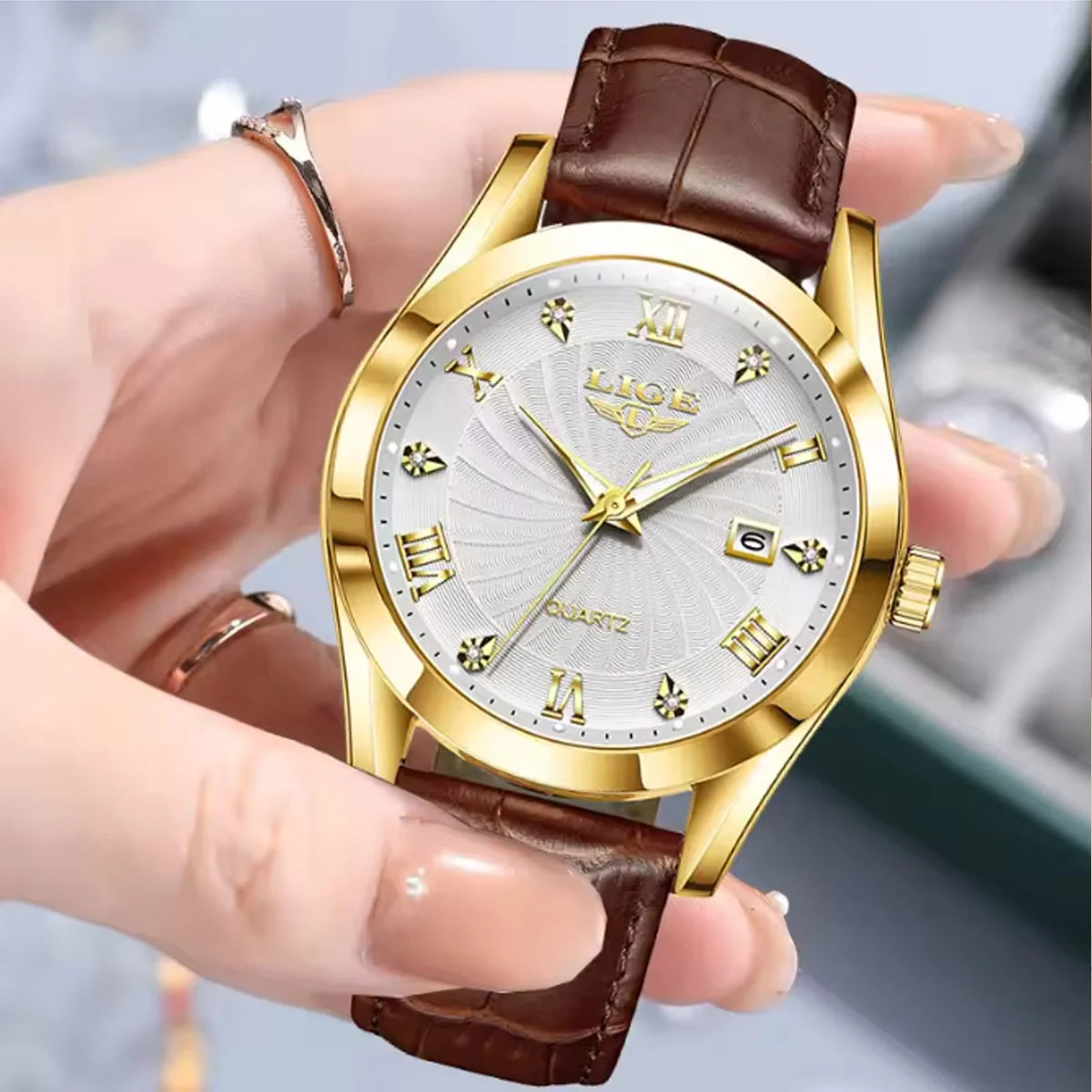 Watch with Leather Strap Roman Numeral Dial Timepiece