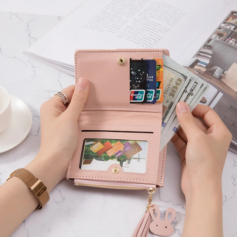 Geometric Patchwork Wallet With Tassel Charm Card Slots