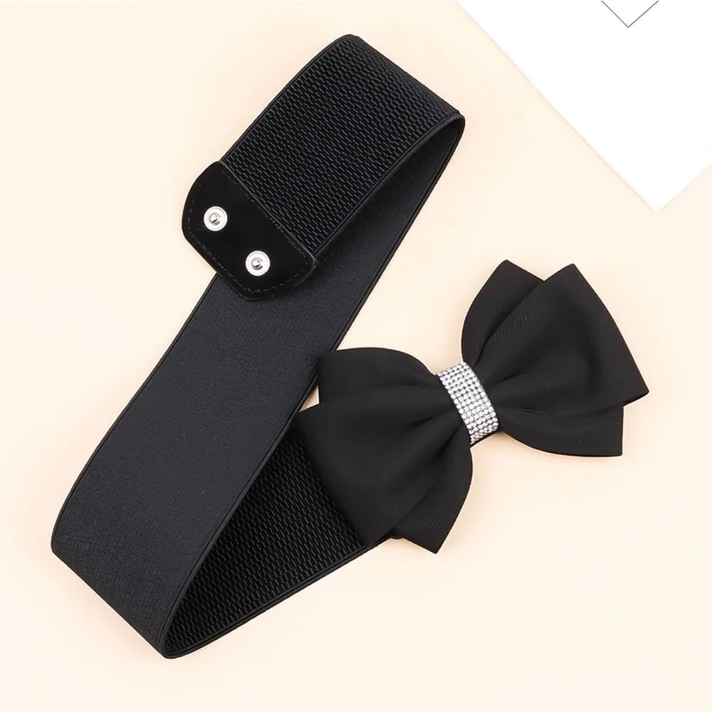 Elegant Elastic Bow Belt with Rhinestone Center