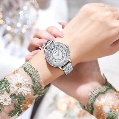 Crystal Halo Dial Dress Watch With Sparkling Bezel