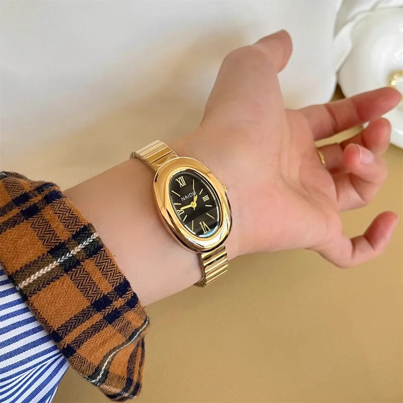 Elegant Oval Quartz Watch for Women with Roman Numerals