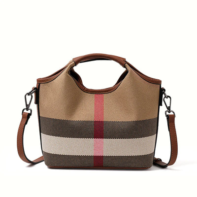 Plaid Canvas Tote With Top Handle And Removable Strap