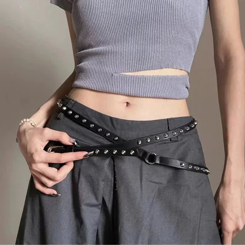 Adjustable Studded Belt with Double Strap And Loop