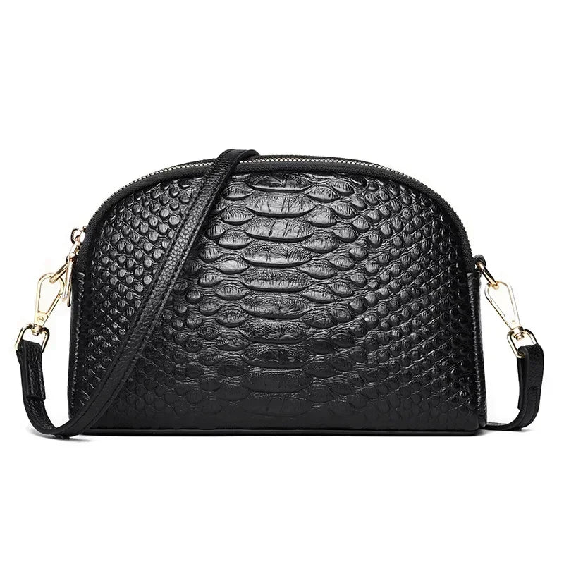 Snake Embossed Crossbody Handbag with Detachable Strap - Black