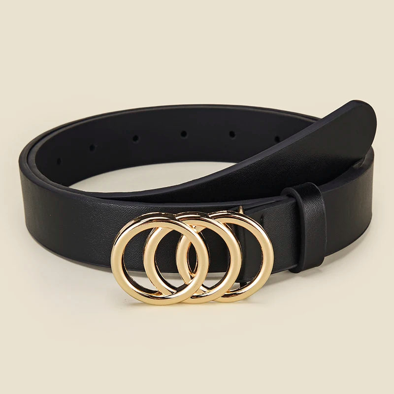 Round Buckle Belt with Three Ring Buckle Design - Black