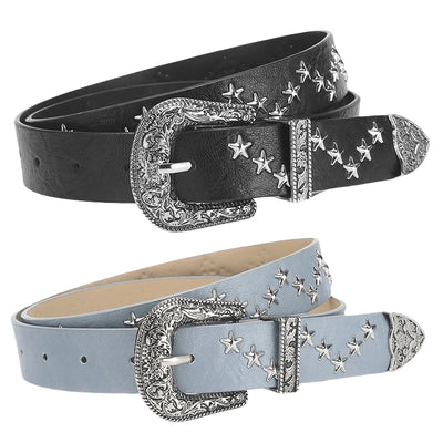 Star Rivet Belt with Ornate Buckle and Star Studs