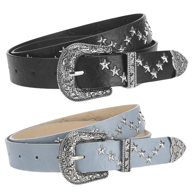 Star Rivet Belt with Ornate Buckle and Star Studs