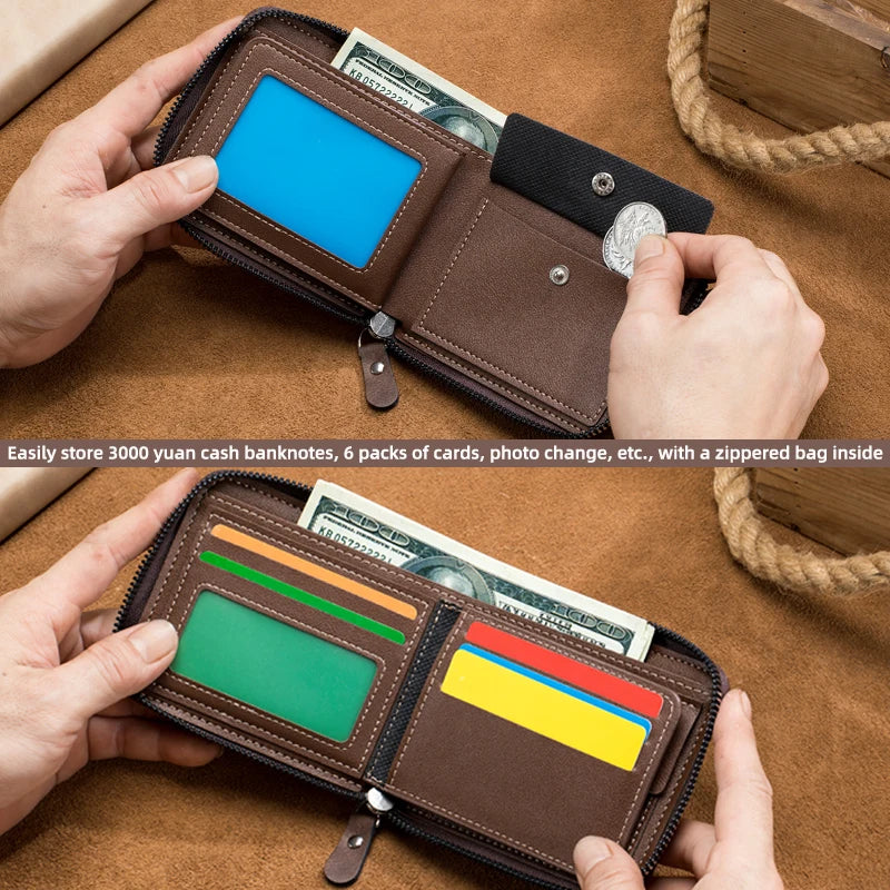 Trifold Zipper Wallet with Vintage Craft Symmetry Line - WO2MEN