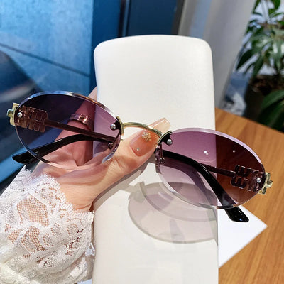 Oval Rimless Sunglasses with Ornate Detailing Frame - WO2MEN