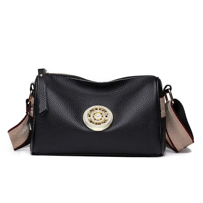 Emblem Crossbody Bag With Wide Strap And Circular Clasp