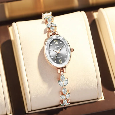 Watch with Oval Dial Diamond Inlaid Bracelet Timepiece - WO2MEN