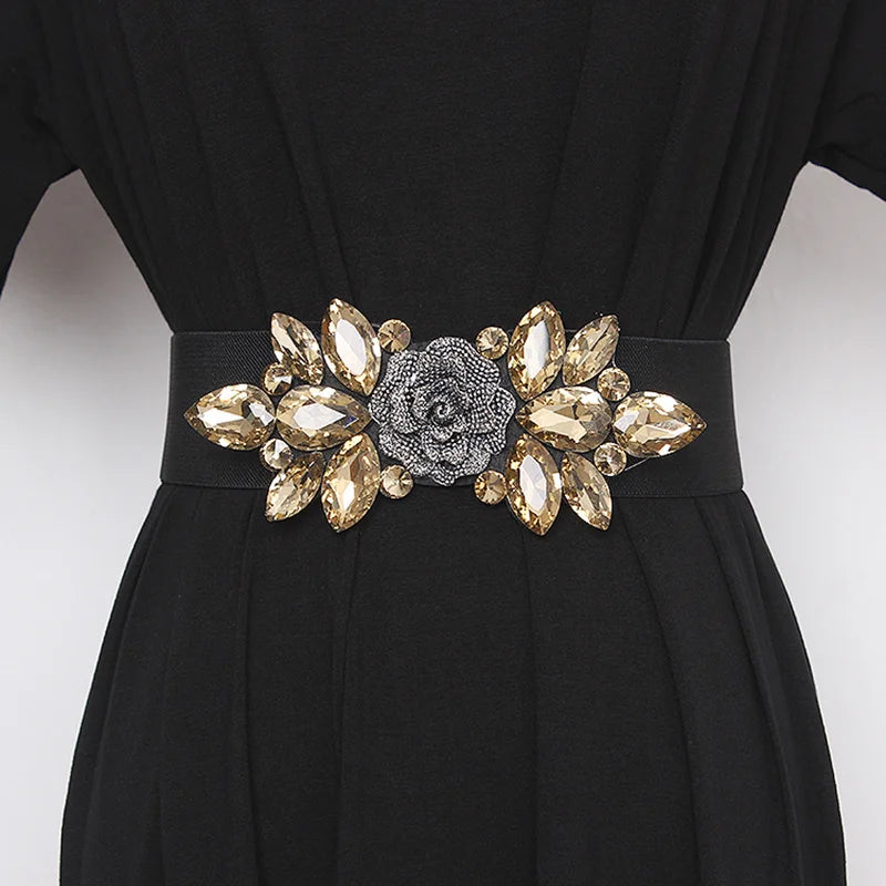 Flower Beaded Elastic Cummerbund Belt Rhinestone Rose - Gold