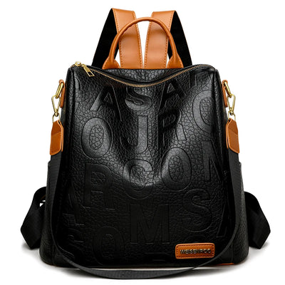 Backpack with Embossed Letters Pattern for Travel - Black