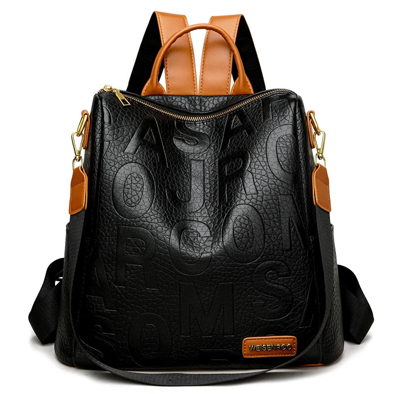 Backpack with Embossed Letters Pattern for Travel - Black
