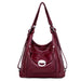 Genuine Leather Shoulder Handbag with Multiple Pockets - Red